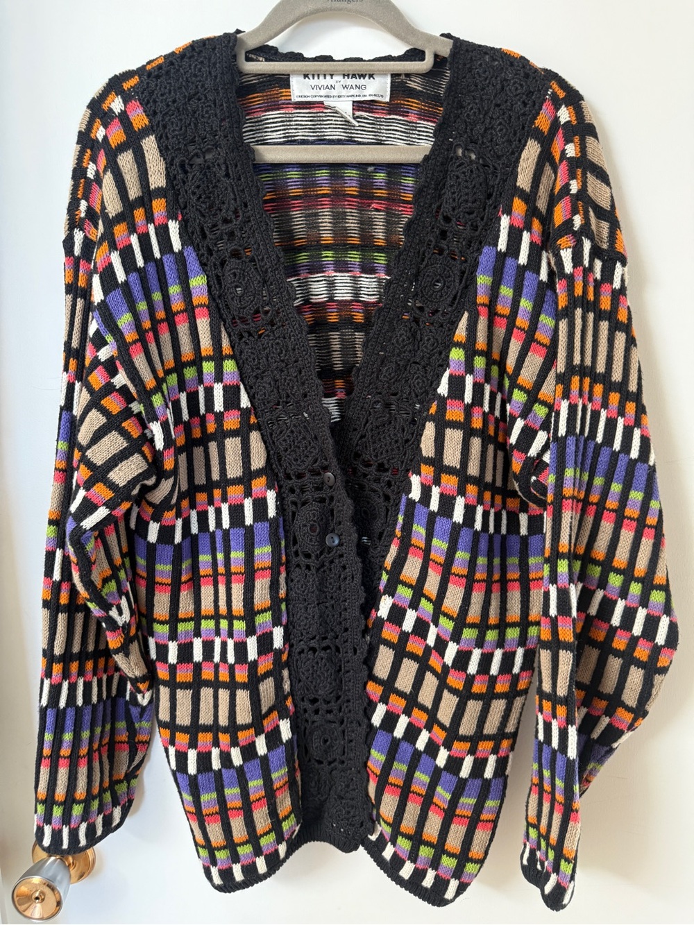 Vintage Kitty Hawk Vivian Wang Cardigan M Ramie Cotton Crochet Plaid 80s